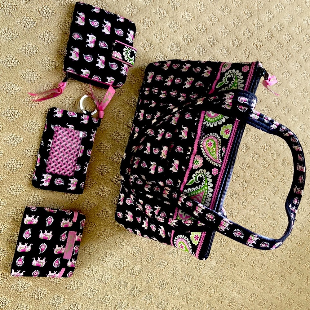 Vera Bradley Pink Elephant tote, wallet, credit card holder and note pad